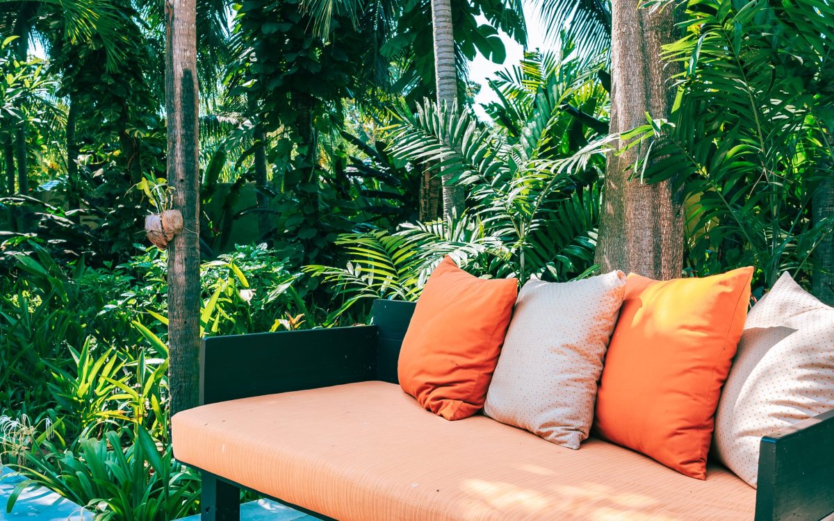Pillow on sofa furniture decoration outdoor patio in the garden for leisure and relax